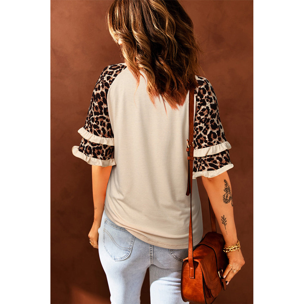 Womens Apricot Ruffled Leopard Sleeve Patchwork Top Image 2