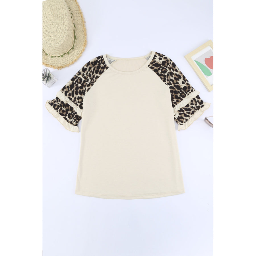 Womens Apricot Ruffled Leopard Sleeve Patchwork Top Image 1
