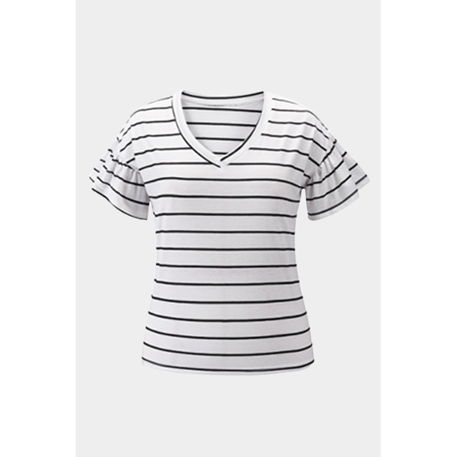 Womens White Stripe V-neck Short Sleeve T Shirt Image 1