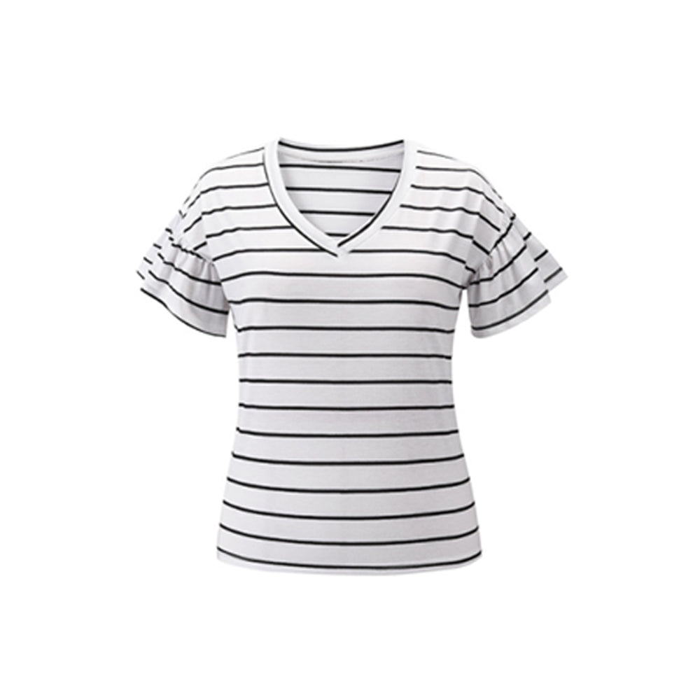 Womens White Stripe V-neck Short Sleeve T Shirt Image 2
