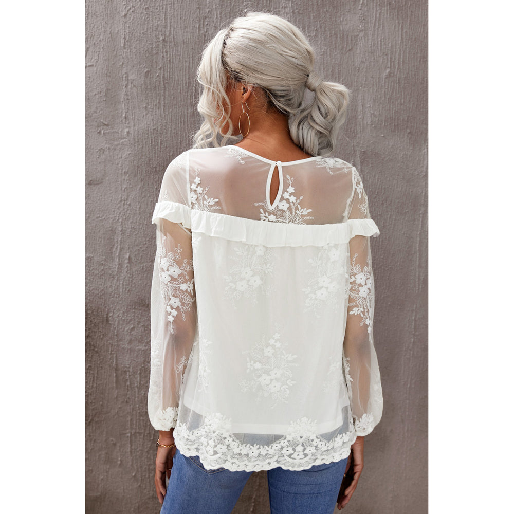 Womens White Solid Color Crewneck Lace Mesh Ruffle Top Image 2