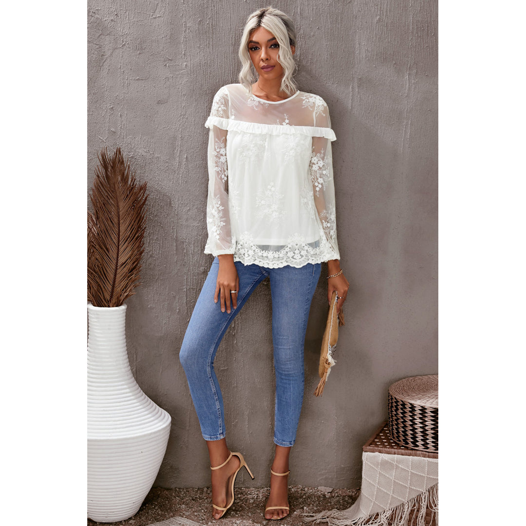 Womens White Solid Color Crewneck Lace Mesh Ruffle Top Image 4