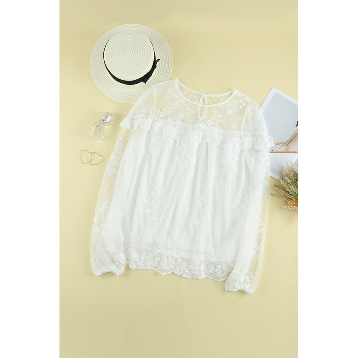Womens White Solid Color Crewneck Lace Mesh Ruffle Top Image 8
