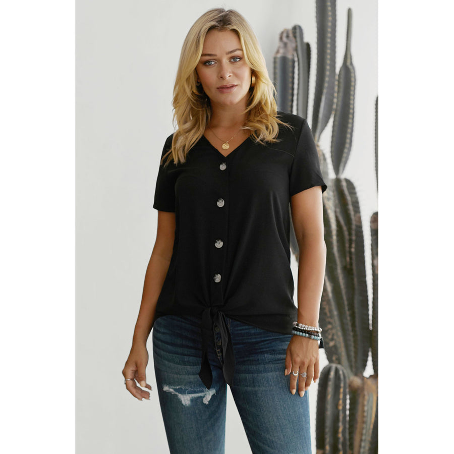 Womens Black Button Up Front Tie Detail Woven Top Image 1