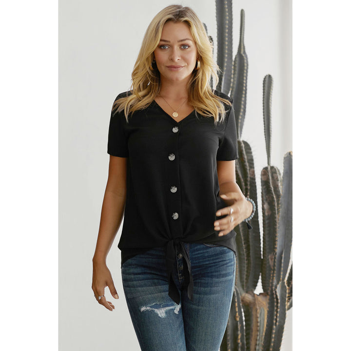 Womens Black Button Up Front Tie Detail Woven Top Image 3