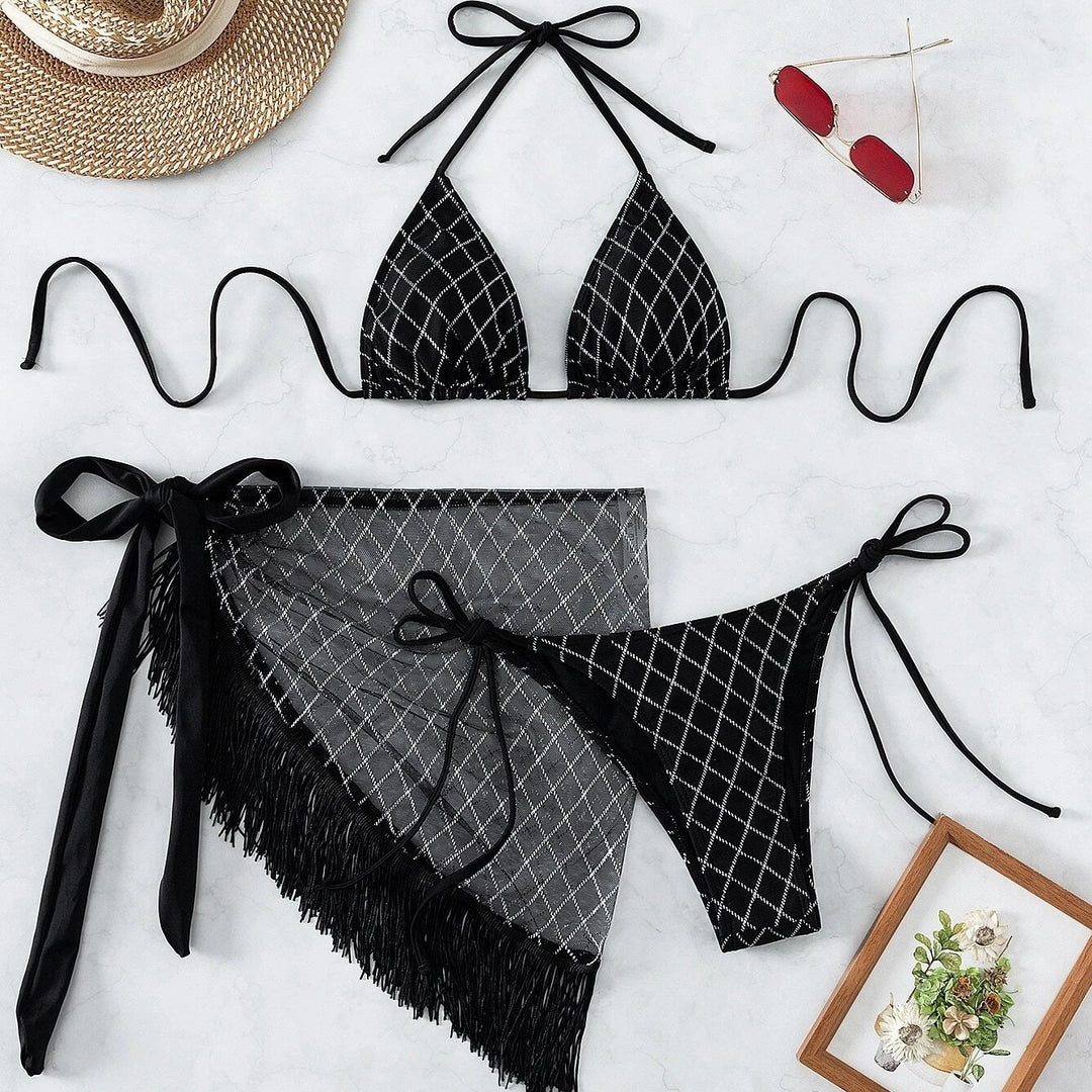Plaid Print Halter Triangle Bikini Swimsuit With Beach Skirt Image 3