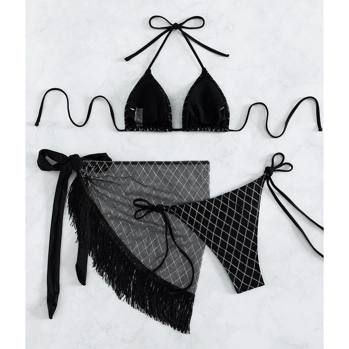 Plaid Print Halter Triangle Bikini Swimsuit With Beach Skirt Image 4