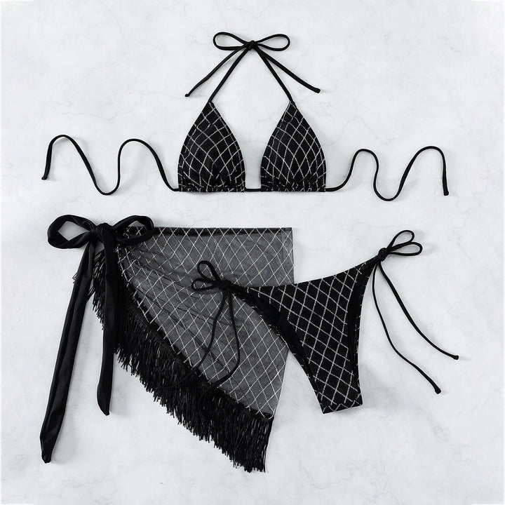 Plaid Print Halter Triangle Bikini Swimsuit With Beach Skirt Image 4