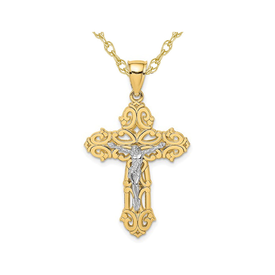 10K Yellow and White Gold Cross Crucifix with Scrolled Tips Pendant Necklace with Chain Image 1