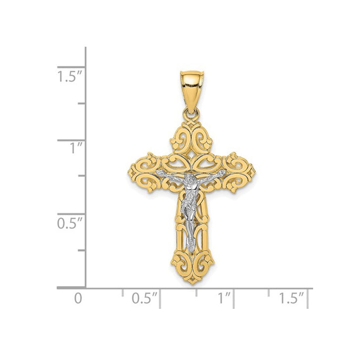 10K Yellow and White Gold Cross Crucifix with Scrolled Tips Pendant Necklace with Chain Image 3