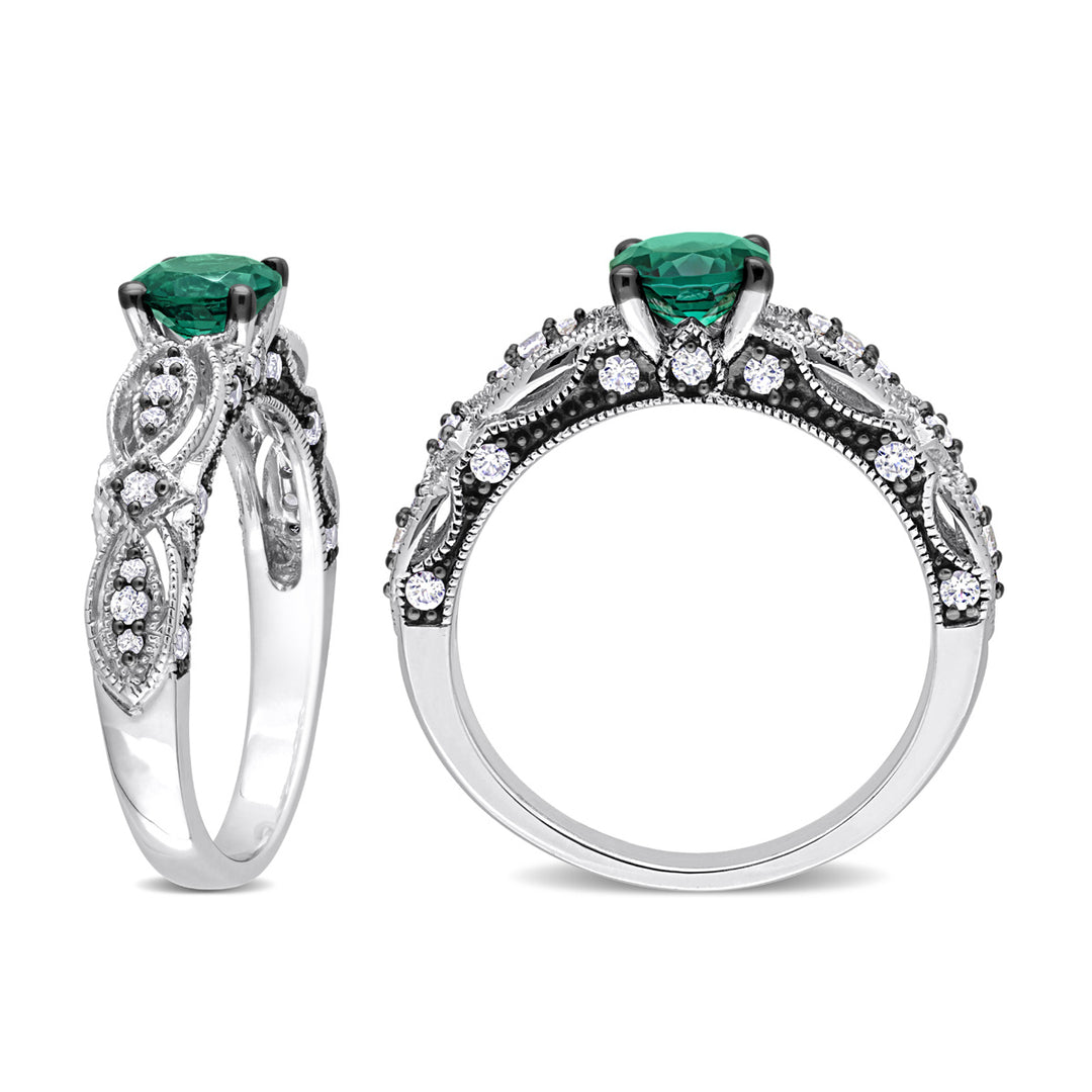 1.19 Carat (ctw) Lab-Created Emerald and White Sapphire Ring in 10K White Gold with Accent Diamonds Image 3