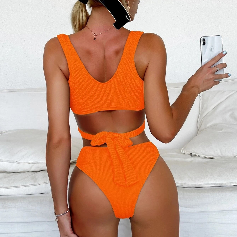 Sexy V-Neck Strap Print Bikini Set Swimsuit Swimwear Image 2
