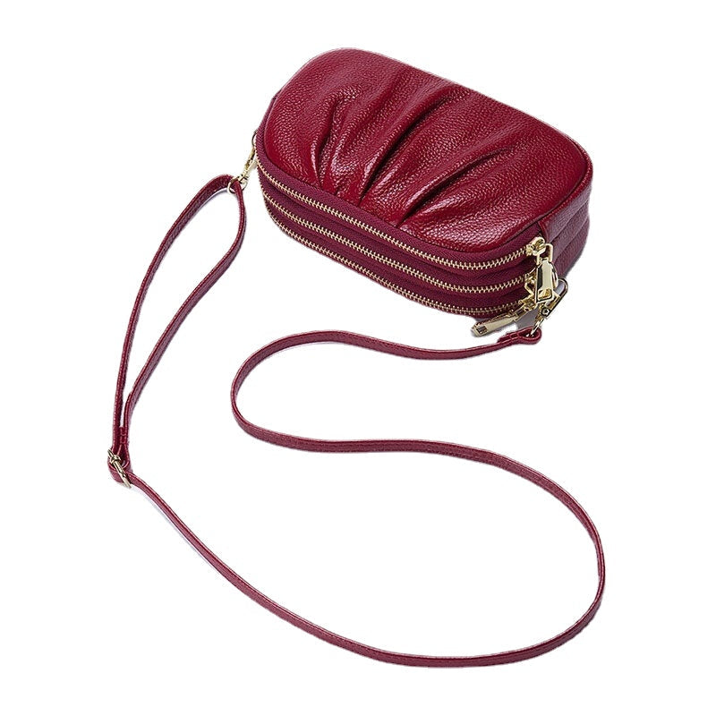 Women Genuine Leather 3 Zipper Pocket Fold Design Crossbody Bag Image 2
