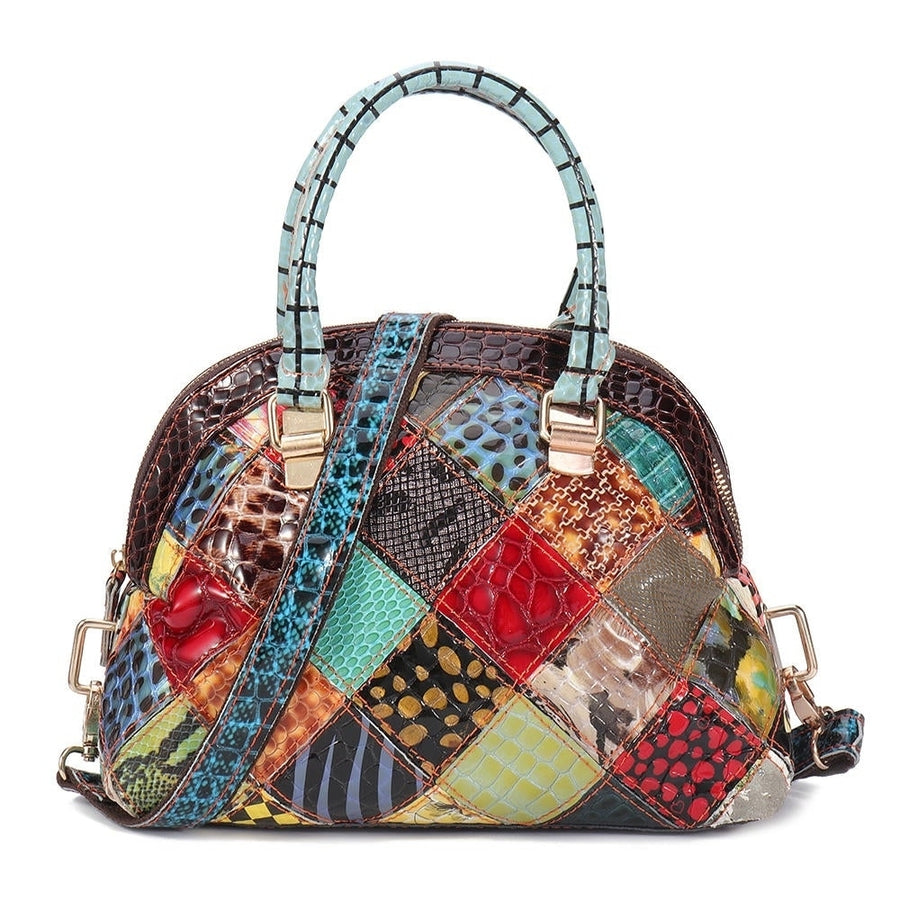 women genuine leather bohemian floral crossbody bags vintage patchwork shell handbag Image 1