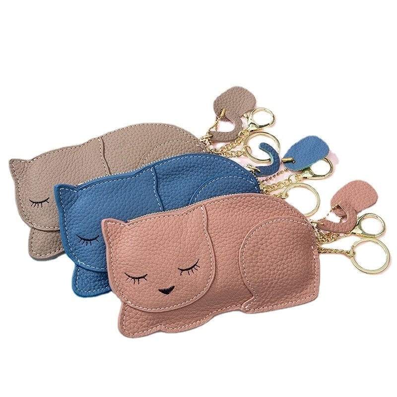 Women Genuine Leather Casual Cute Animal Nap Cat Pattern Mini Keychain Coin Storage Bag Image 1