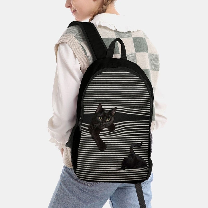 Women Oxford Cloth Large Capacity Cartoon Cat Stripe Pattern Printing Backpack Image 2