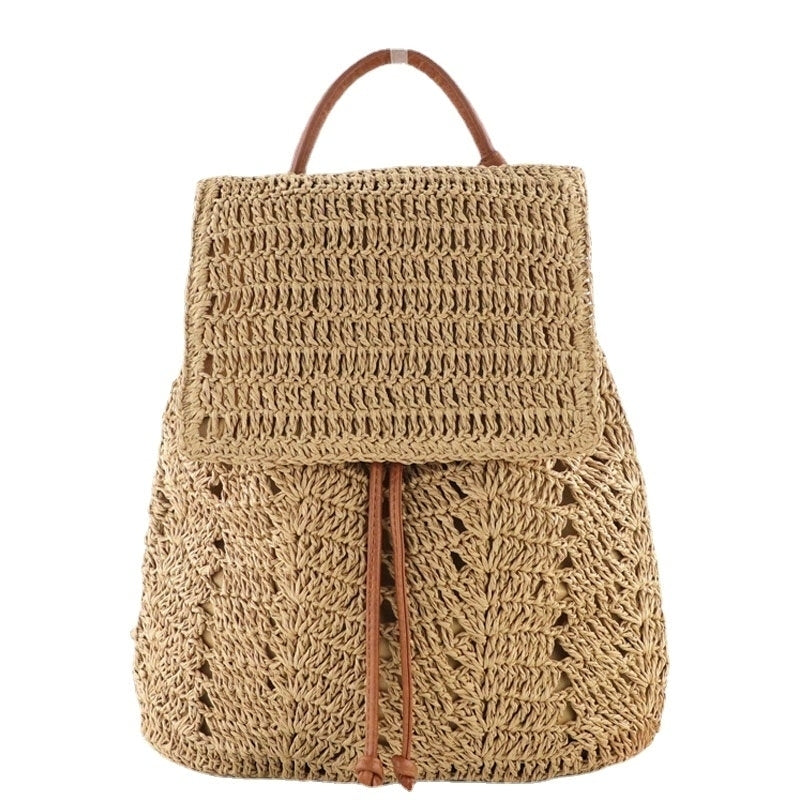 Women Mori Series String Straw Dual-use Woven Retro Beach Bag Backpack Image 2