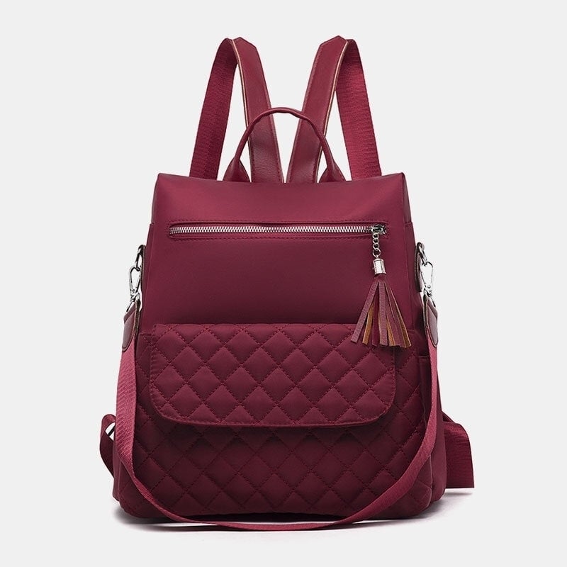 Women Multi-carry Oxford Diamond Pattern Anti-theft Waterproof Tassel Casual Backpack Image 1