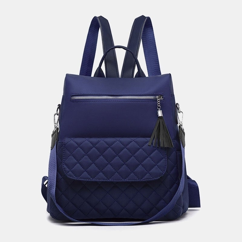 Women Multi-carry Oxford Diamond Pattern Anti-theft Waterproof Tassel Casual Backpack Image 9