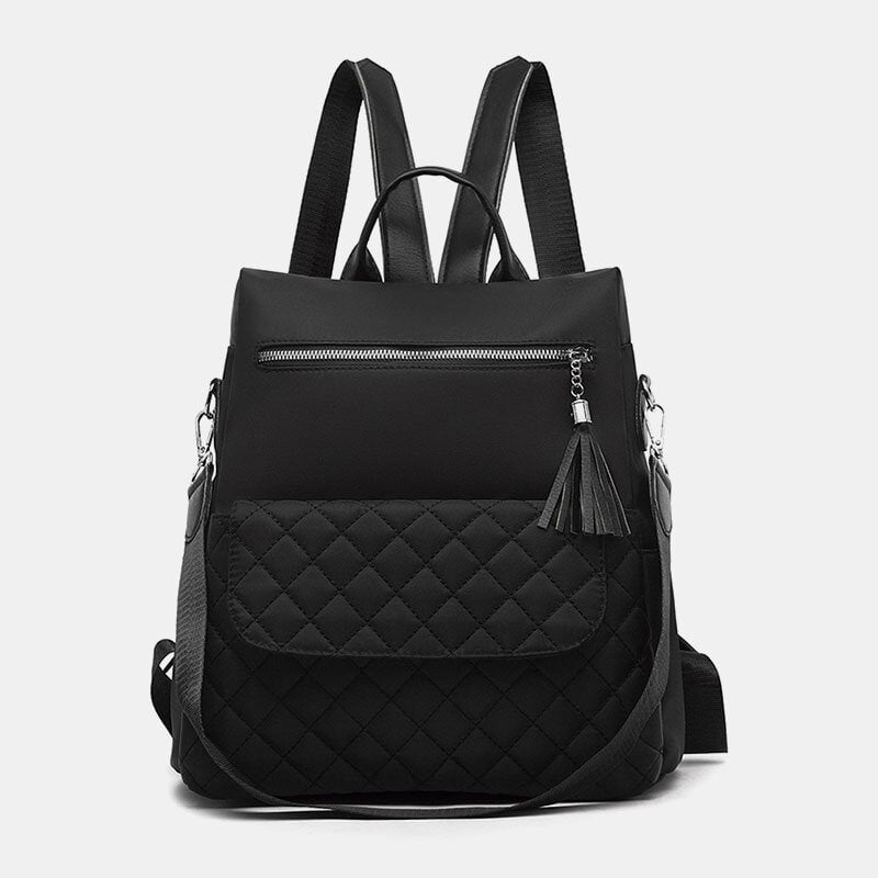Women Multi-carry Oxford Diamond Pattern Anti-theft Waterproof Tassel Casual Backpack Image 1
