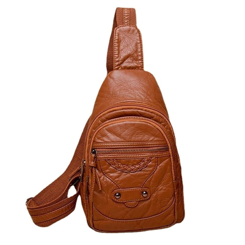 Women PU Leather Portable Large Capacity Earphone Hole Crossbody Shoulder Chest Bag Image 1