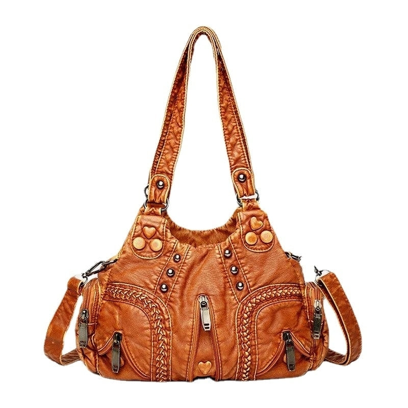 Women PU Leather Solid Color Large Capacity Retro Fashion Tote Handbags Crossbody Bags Image 1