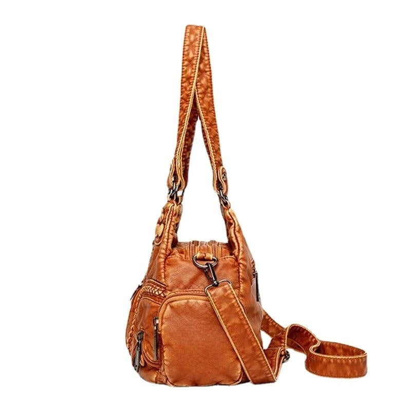 Women PU Leather Solid Color Large Capacity Retro Fashion Tote Handbags Crossbody Bags Image 2