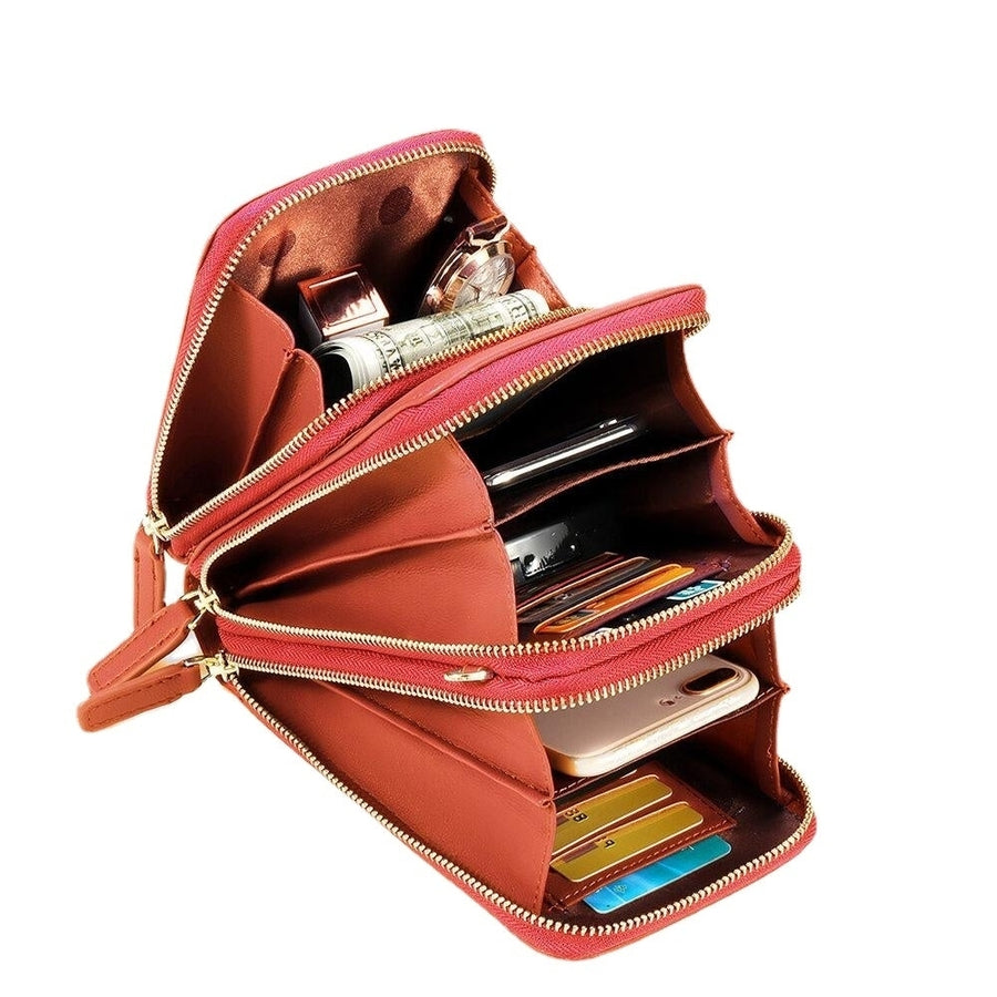 women solid faux leather muti pocket clutches bag card bag phone bag crossbody bag large capacity Image 1