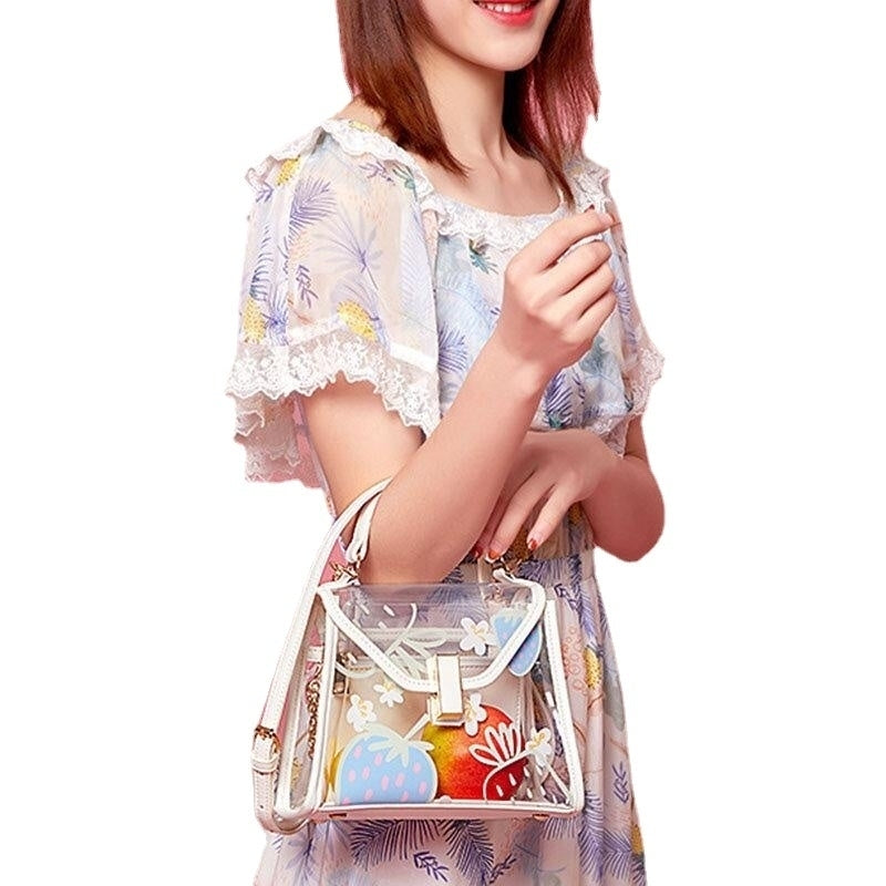 Women Twist Lock 2Pcs Fruit Transparent Crossbody Bag Handbag Image 4