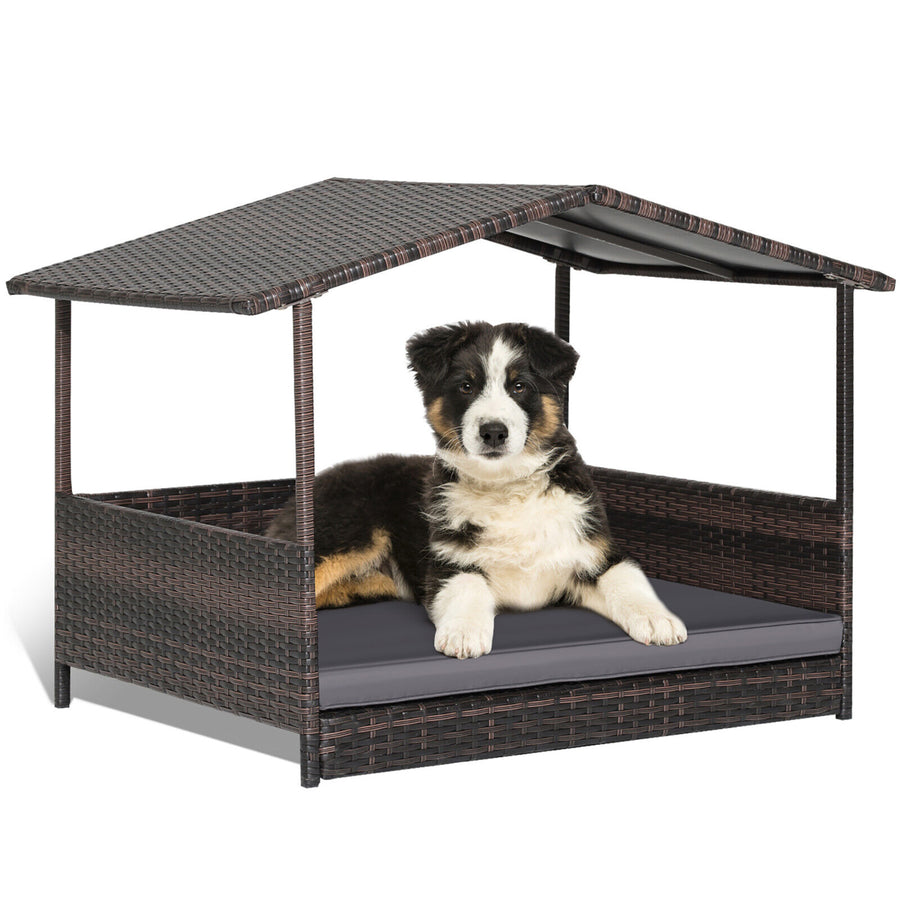 Wicker Dog House w/ Cushion Lounge Raised Rattan Bed for Indoor/Outdoor Grey Image 1