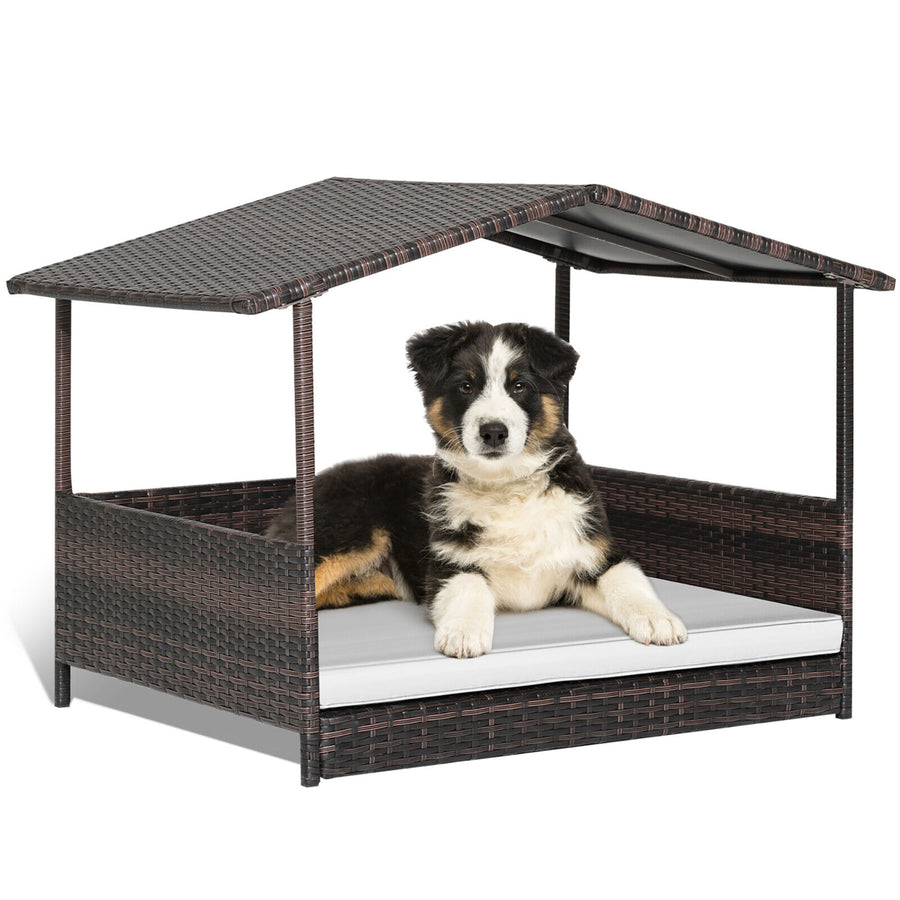 Wicker Dog House w/ Cushion Lounge Raised Rattan Bed for Indoor/Outdoor Image 1
