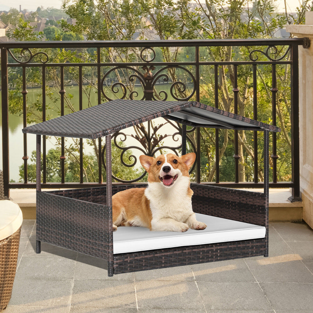 Wicker Dog House w/ Cushion Lounge Raised Rattan Bed for Indoor/Outdoor Image 2