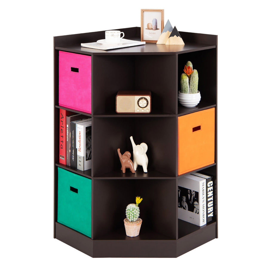 3-Tier Kids Storage Shelf Cubes w/3 Baskets Corner Cabinet Organizer Brown Image 1