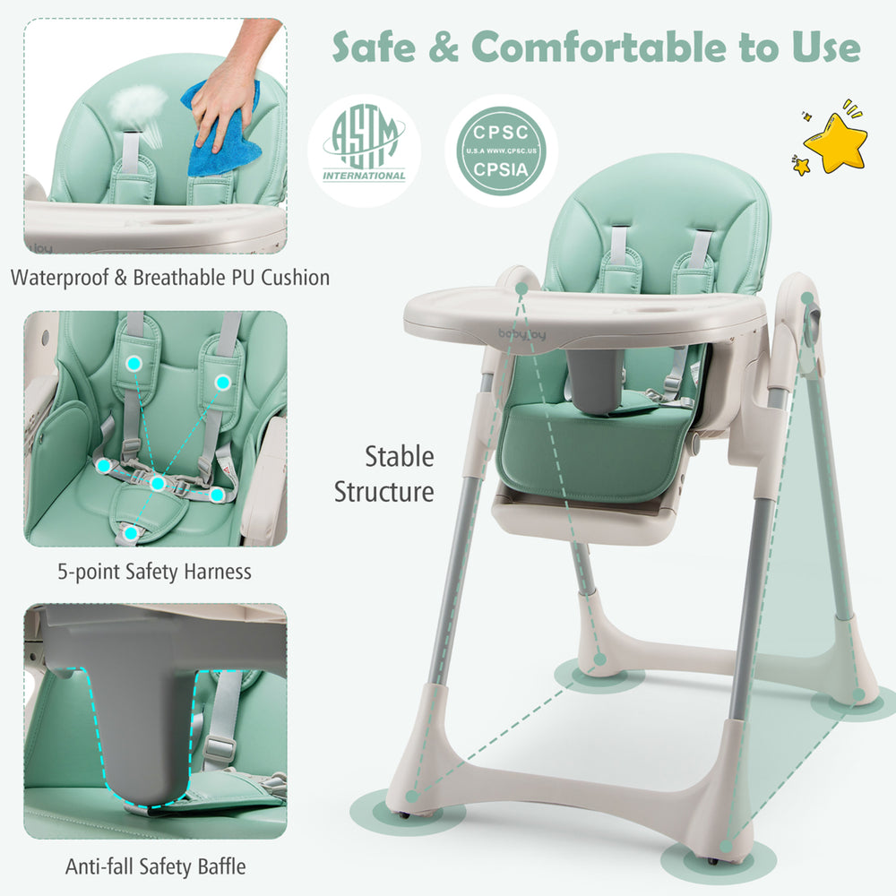 Baby High Chair Folding Baby Dining Chair w/ Adjustable Height and Footrest Image 2