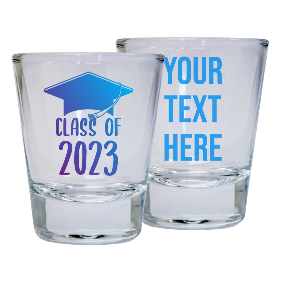 Customizable 2 Ounce Round Shot Glass Class of 2023 Grad Blue Gradient Design (Clear1) Image 1
