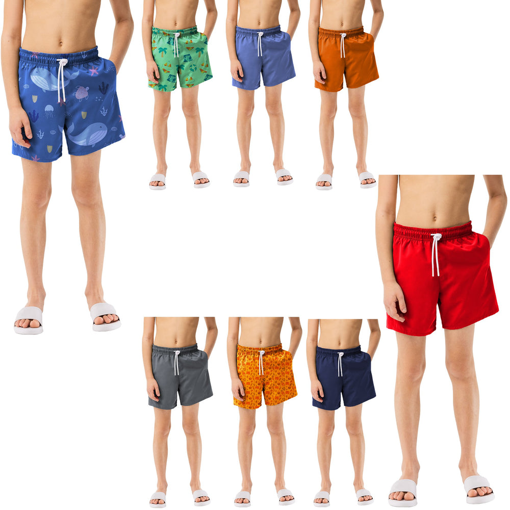 3-Pack: Boys Quick-Dry Solid and Print Active Summer Beach Swimming Trunks Shorts Image 2