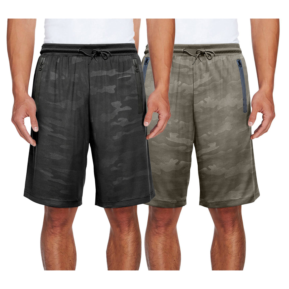 2-Pack: Mens Quick Dry Camo-Print Athletic Performance Active Running Scuba Shorts Image 2