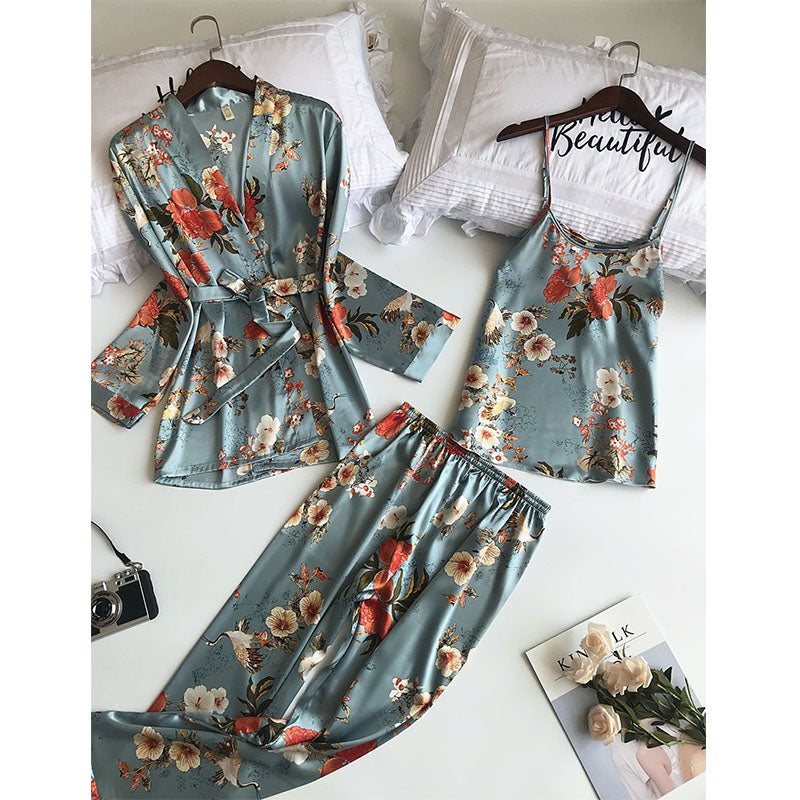 Floral Silk Fabric Long-Sleeve Jacket Camisole Trousers Pajamas Three-Piece Set Image 1