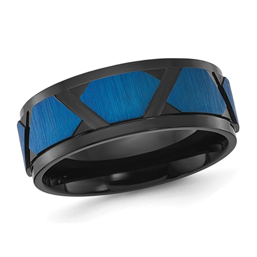 Mens Titanium Polished and Brushed Blue Plating Band Ring (8mm) Image 1