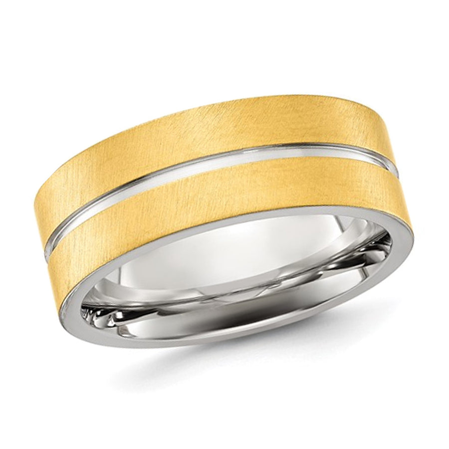 Mens Stainless Steel Brushed and Polished Yellow Plated Grooved Band Ring (8mm) Image 1