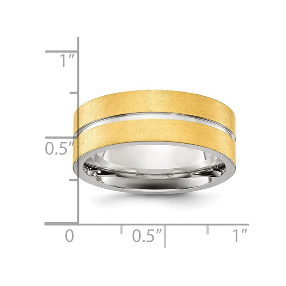 Mens Stainless Steel Brushed and Polished Yellow Plated Grooved Band Ring (8mm) Image 2