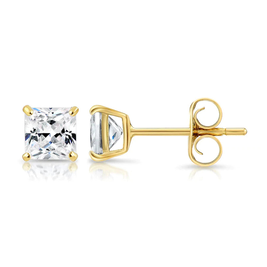 Paris jewelry 14k Yellow Gold Square CZ Stud Earrings - Pushback Image 1