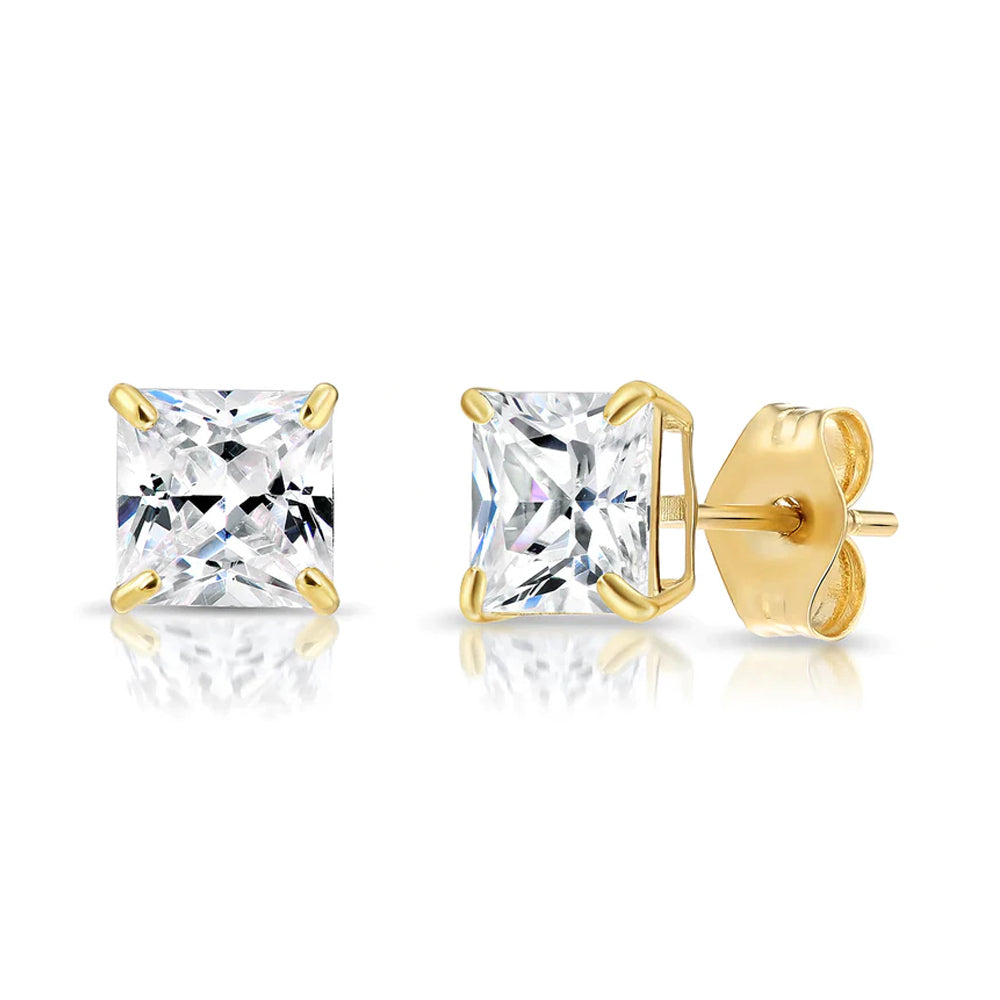 Paris jewelry 14k Yellow Gold Square CZ Stud Earrings - Pushback Image 2