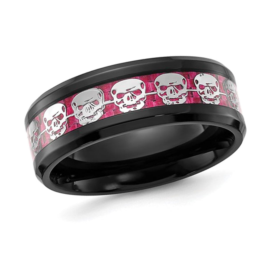 Mens Skull Pink Carbon Fiber Ring in Black Stainless Steel (8mm) Image 1