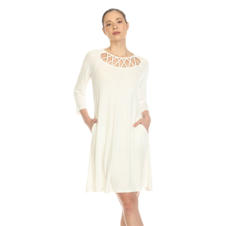 White Mark Womens Criss-Cross Neck Quarter Sleeve Swing Dress with Pockets Image 1