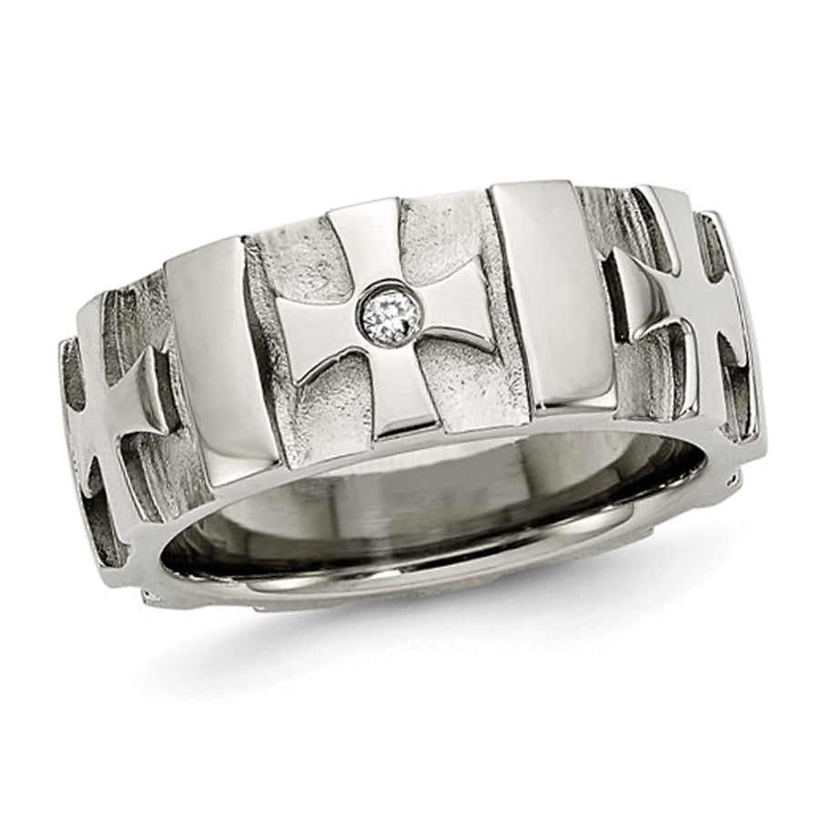 Mens Stainless Steel Brushed Cross Band Ring (9mm) Image 1