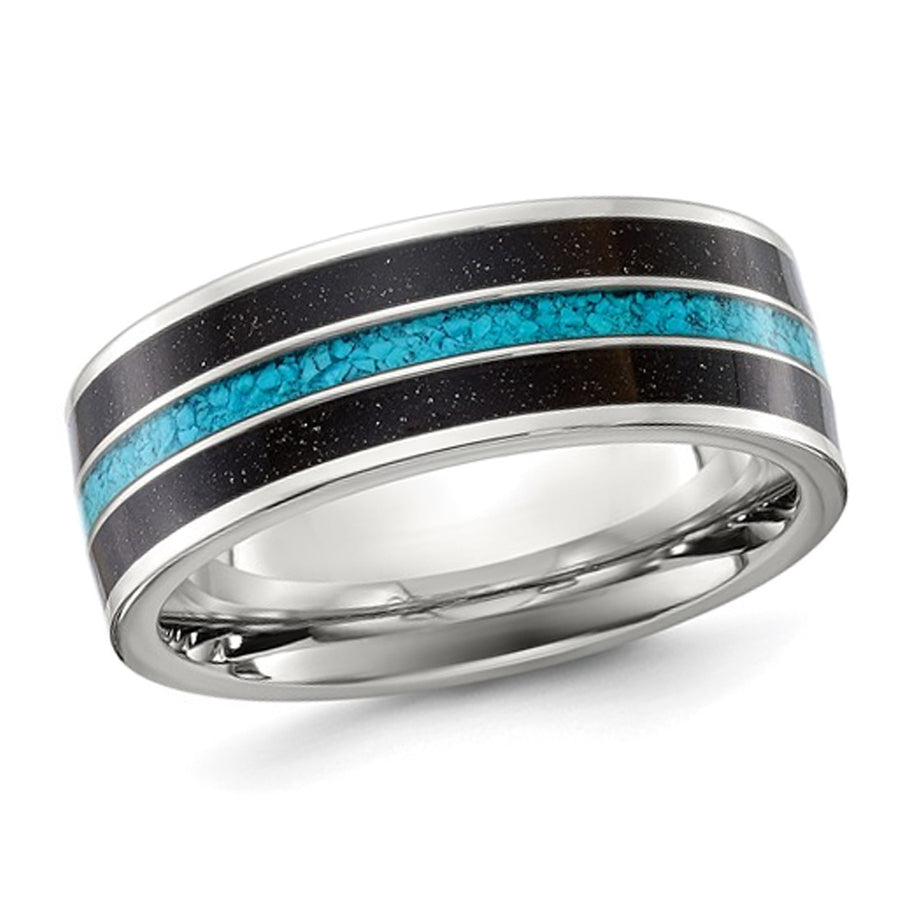 Mens Titanium Black Star Sandstone Inlay with Turquoise Band Ring (8mm) Image 1