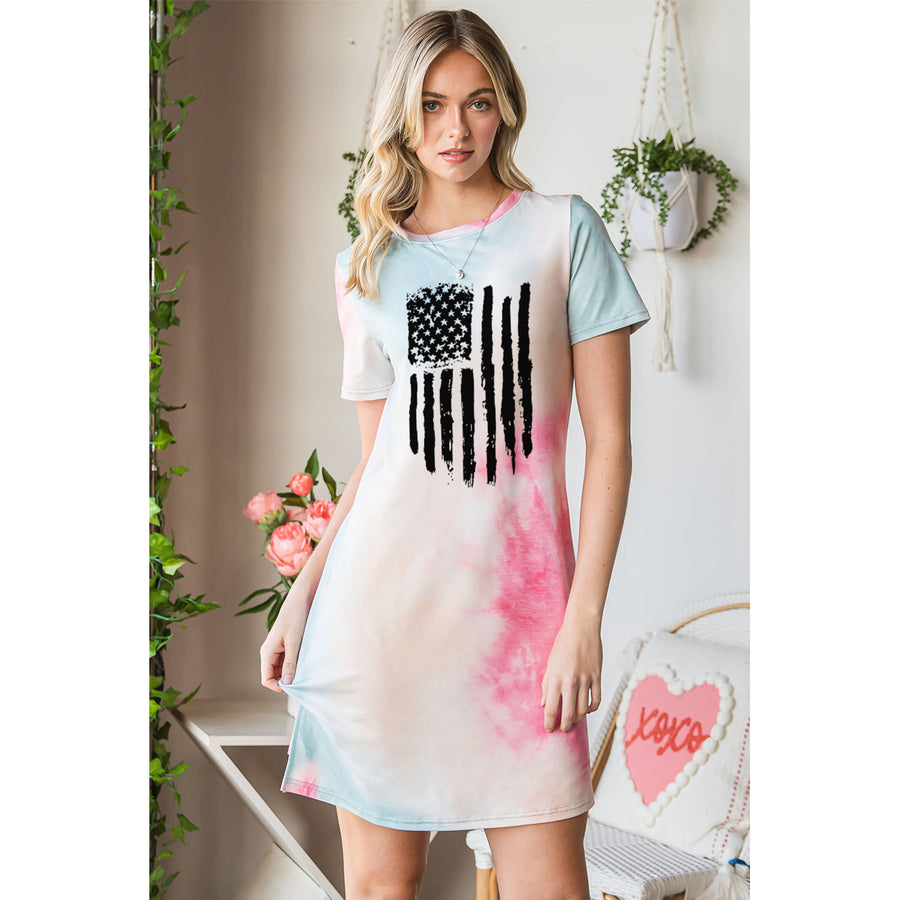 Womens Multicolor Ink American Flag Tie Dye Short Sleeve T-shirt Dress Image 1