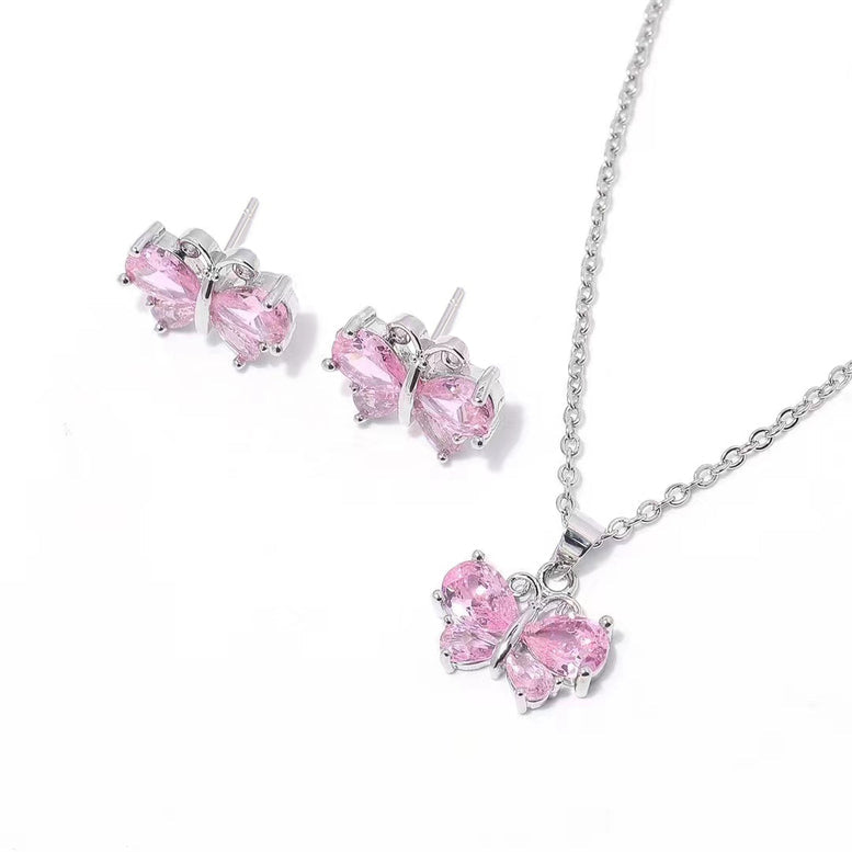 18K White Gold Created Pink Sapphire Butterflies Necklace And Earrings Set Plated Image 1