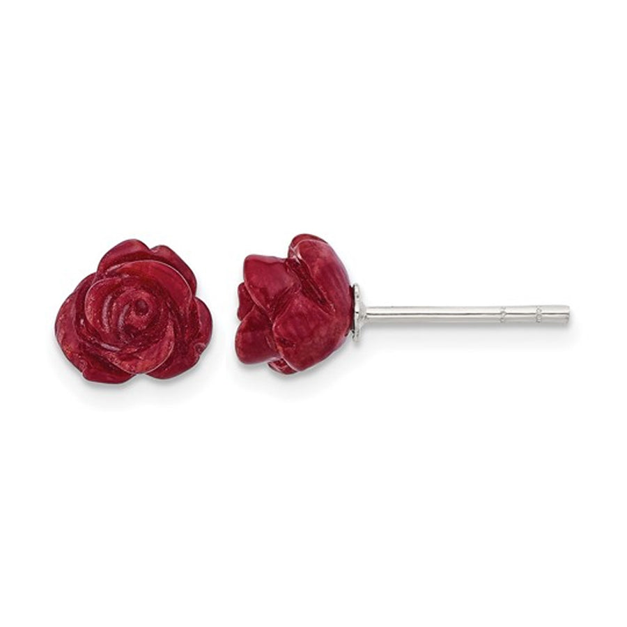 Natural Red Coral Flower Rose Earrings in Sterling Silver Image 1